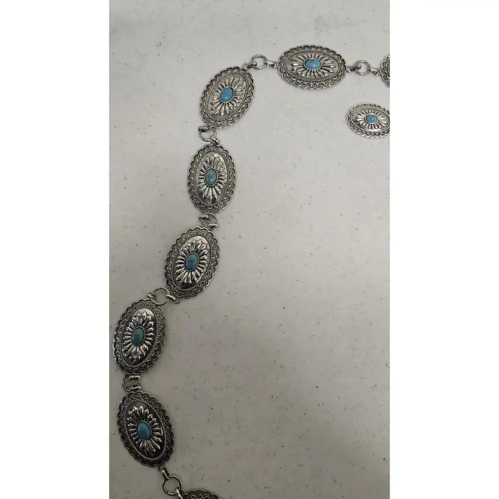 Beltiscool Women's Western Oval Turquoise Stone Concho Chain Belt